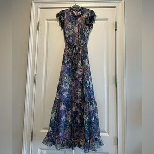 Mac Duggal Mock Neck Ruffle Shoulder Floral Printed Chiffon Maxi Dress